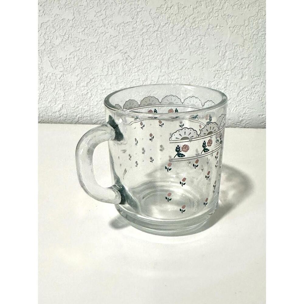 Vintage Anchor Hocking Clear Mug Glass Pink Roses Lace Design Floral with Handle - Picture 7 of 7
